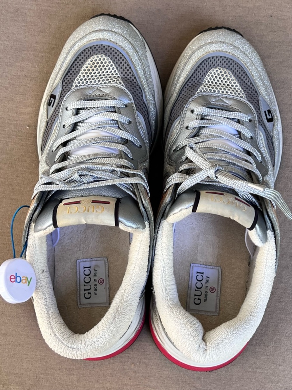 Gucci Silver Glitter & Gray Athletic Sneakers with Gold Accents - Picture 2 of 10
